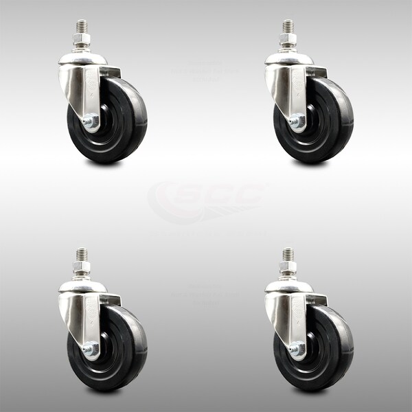 4 Inch 316SS Hard Rubber Wheel Swivel 12mm Threaded Stem Caster Set SCC